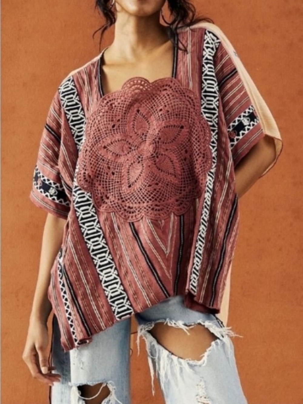Free People Rust Crochet Panel Striped Tunic